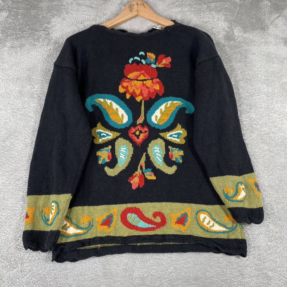 Vintage Mixit Sweater Womena Small Black Floral Paisley Knit‎ Boho Cottage